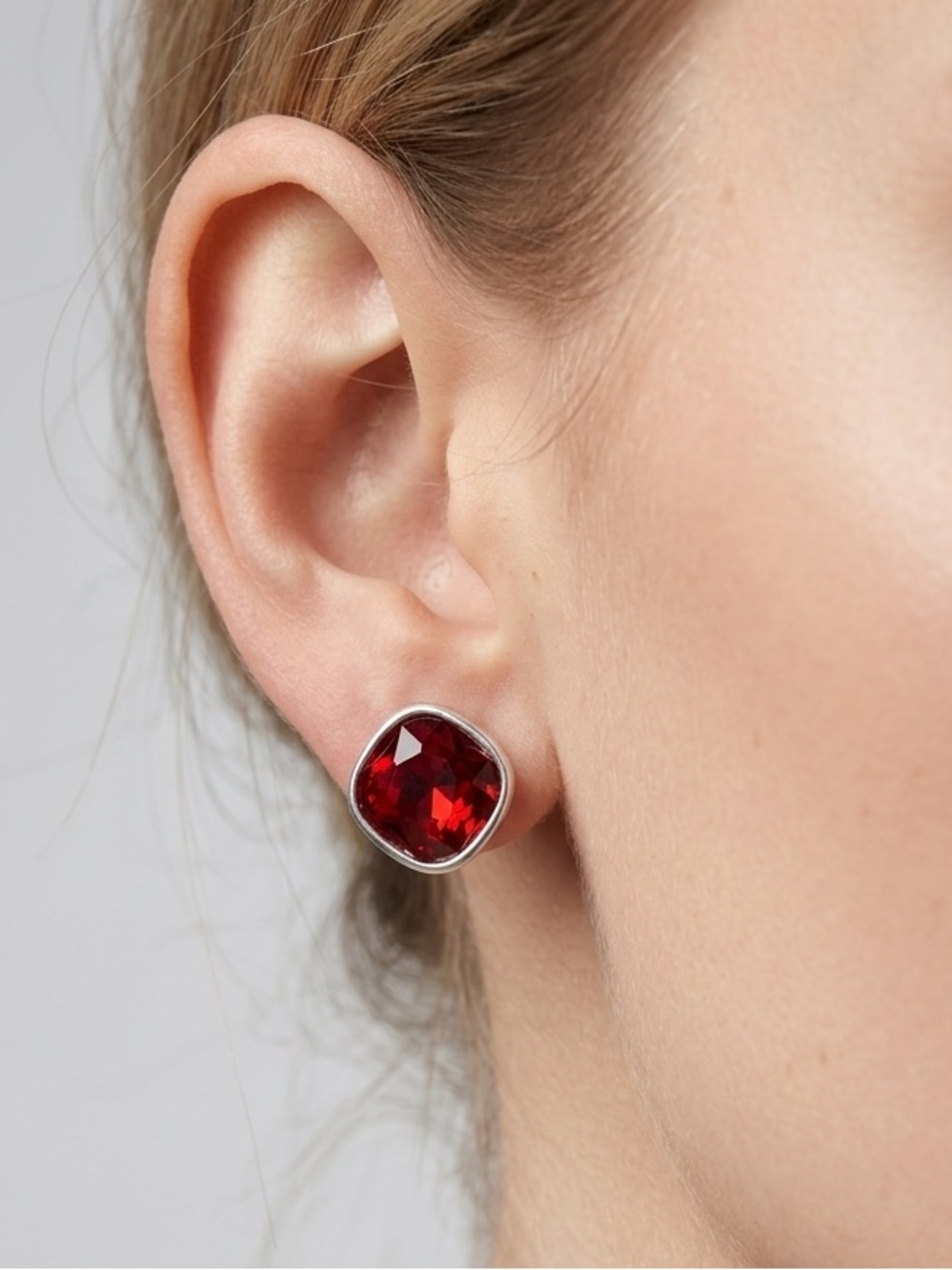 Red Crystal Stud Earrings | Cushion Cut Silver Tone Ruby Red Posts